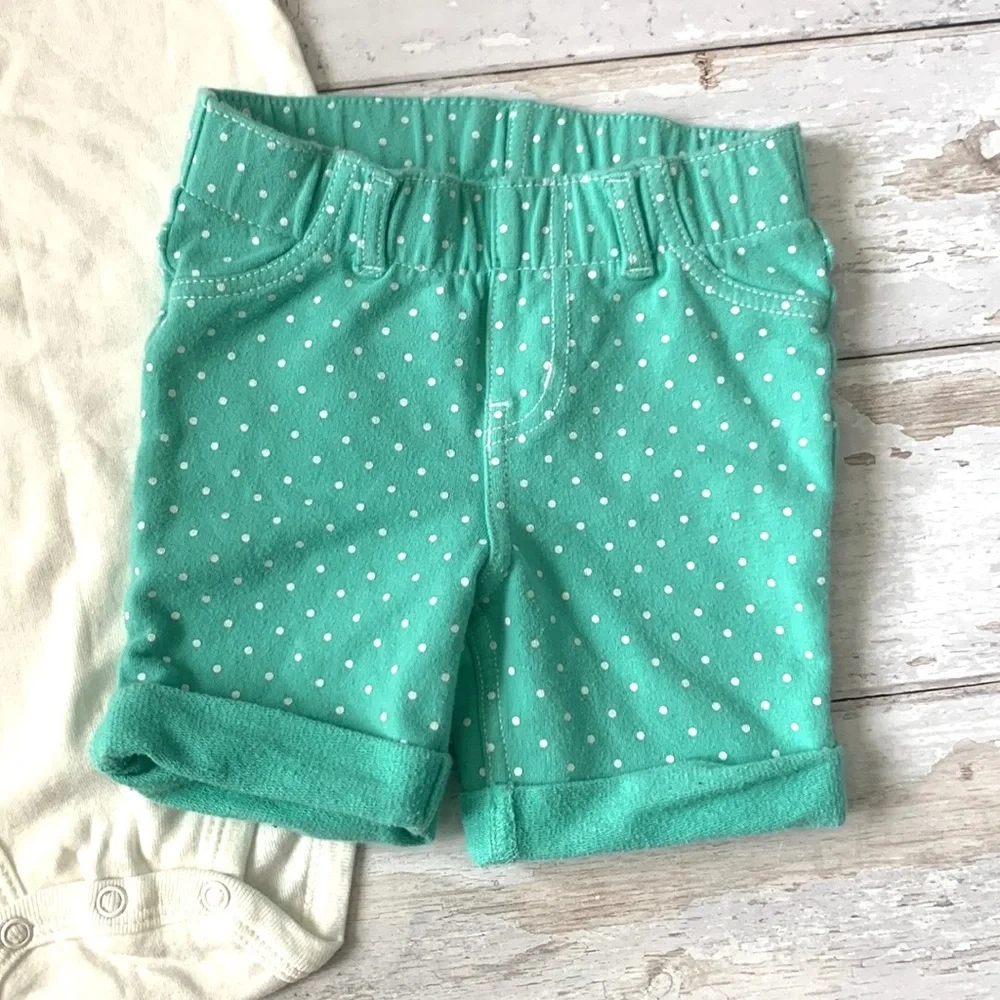 Carters 18m Baby Girl Summer Outfit Teal Polka Dot Shorts White Onesie Kids